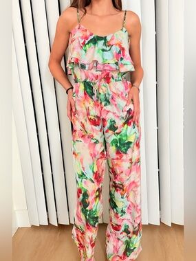 Fleur Wood Ikebana 100% Silk Floral Ruffle Wide Leg Jumpsuit Anthropologie S